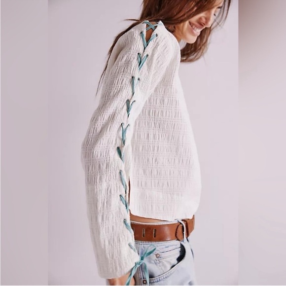 We The Free Tops - We The Free White Long Sleeve Top with Teal Lace-Up Detail